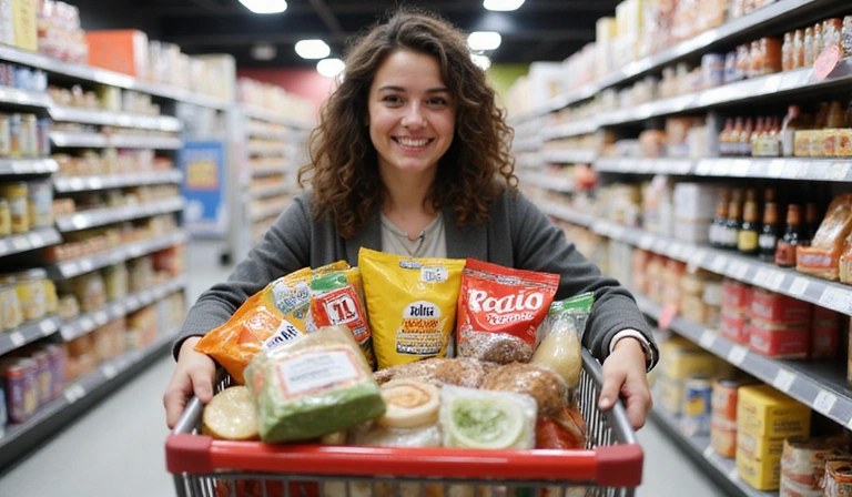A person happily shopping with a cart full of discounted items, symbolizing savings and smart shopping.