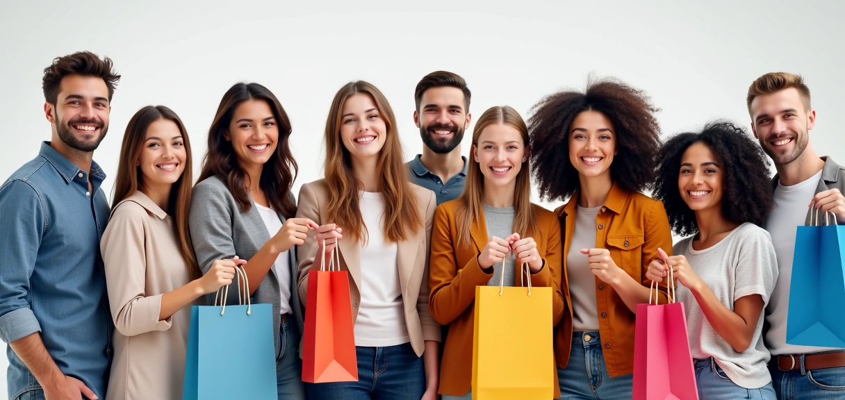 A diverse group of happy Canadian people, some holding shopping bags, smiling and showing their savings, with Canadian landmarks subtly in the background.