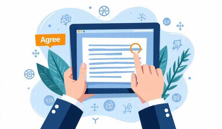 Illustration of a user agreeing to terms and conditions on a digital screen